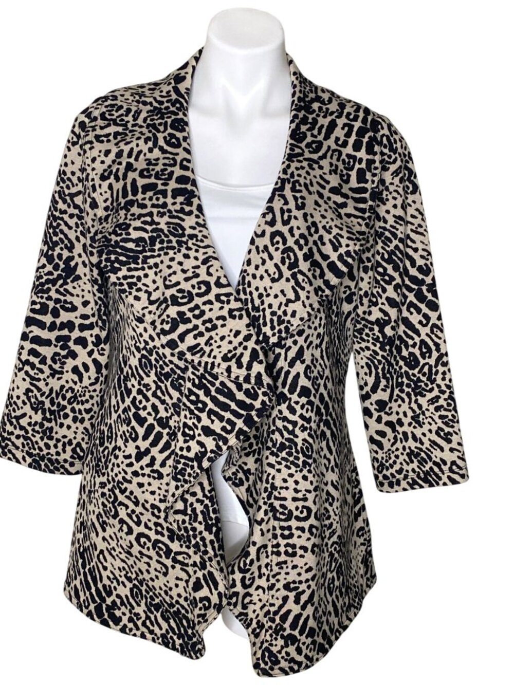Calvin Klein Women's Black Brown Leopard Print Ruffle Cardigan Open Front Size 8